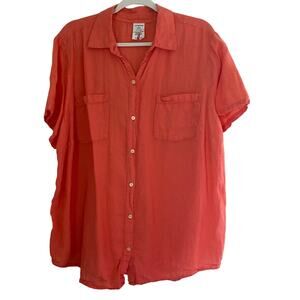 Land's End Linen Blouse Button Top Coral Orange Womens Size 1X Plus Size